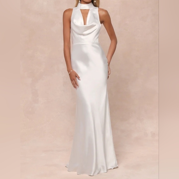 Lulus Gorgeous Vow White Satin Mock Neck Cowl Mermaid Maxi Dress, Small - Picture 5 of 11